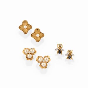 Three 18k two-color gold, cultured pearl, diamond and sapphire pair of earrings