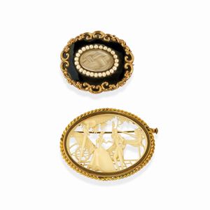 Two 9k yellow gold, pearl and enamel brooches, 19th Century