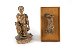 Lotto composto da due sculture: torso di Cristo in cartapesta laccata e Angelo inginocchiato in legno intagliato e laccato, secoli XVI-XVII