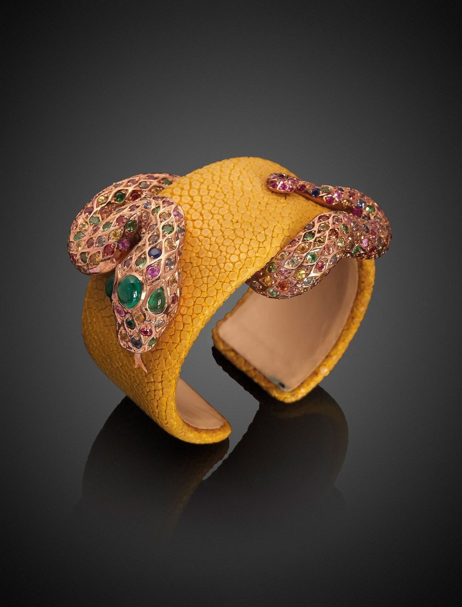 Bracciale serpente, oro rosso 18k con pietre preziose