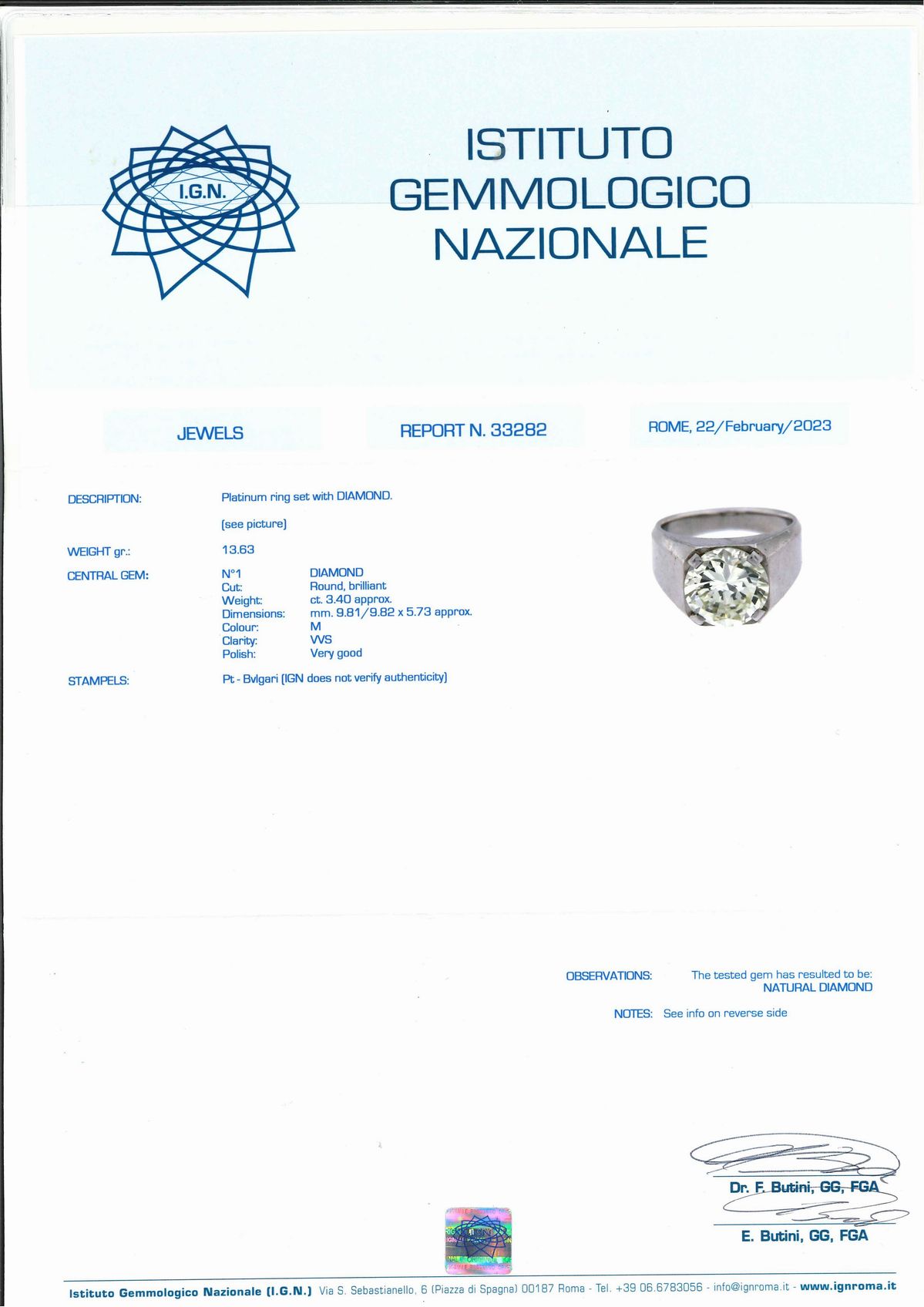 Bulgari, Anello in platino con diamante da 3,40 ct
