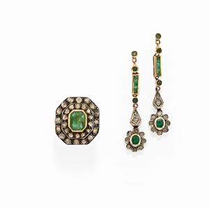 A 18k yellow gold, silver, emerald and diamond earrings and ring