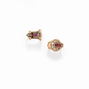 Two 12k yellow gold, silver, red gemstone and diamond rings