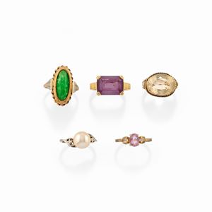 Five 18k two-color gold, silver, colored gemstone, cultured pearl, quartz, amethyst and synthetic gemstone rings