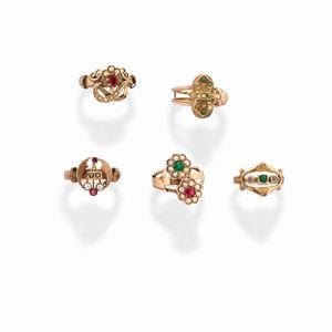 Five low carat gold, colored gemstone, micropearl, synthetic gemstone rings, defects