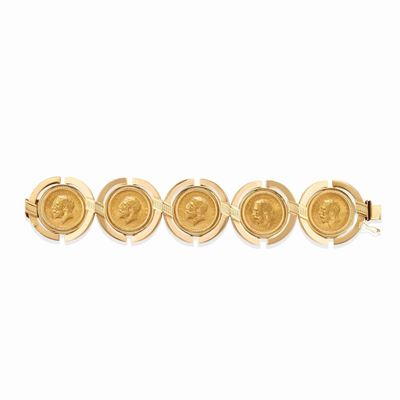 Bracciale in oro giallo 18k e 22k con monete di Giorgio V