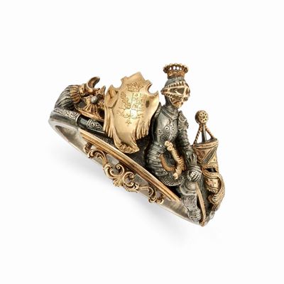 Bracciale e spilla araldica in argento e oro giallo 18k, XIX secolo
