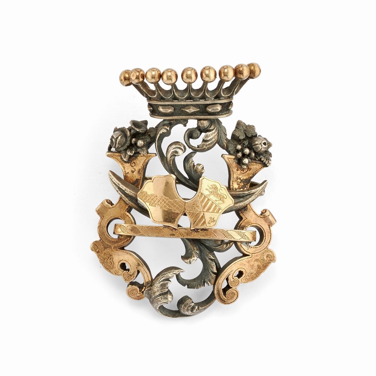 Bracciale e spilla araldica in argento e oro giallo 18k, XIX secolo