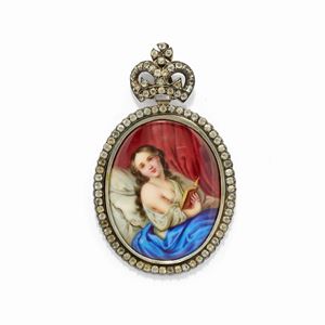 A silver and colorless gemstone miniature portrait pendant