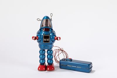Giocattolo d'epoca, Planet Robot Blu, latta, funzionamento a batteria, Giappone, anni '60