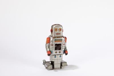Robot camminante meccanico, latta, funzionamento a molla, Giappone, anni '60