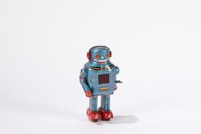 Sparky Robot, Giocattolo in latta con funzionamento a molla, variante blu