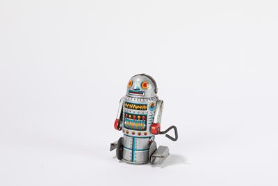 Walking Robot Grigio, giocattolo in latta, anni '60, funzionamento a molla, prodotto in Giappone