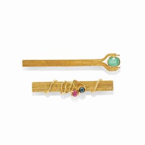 Two 18k yellow gold, ruby, sapphire and emerald brooches, Pao Ying Wang
