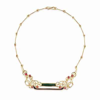 Collana in oro giallo 18k con smalto blu e verde e rubini