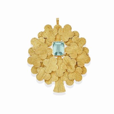 Pendente spilla in oro giallo 18k con acquamarina