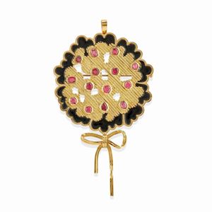 A 19k yellow gold, ruby and enamel brooch, Pao Ying Wang