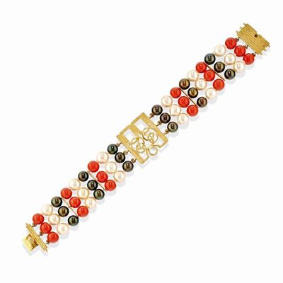 Bracciale in oro giallo 18k con perle coltivate, corallo rosso ed ematite