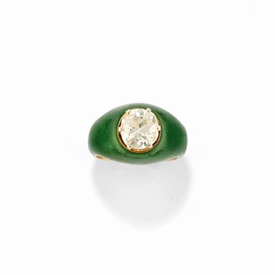 Anello in oro giallo 18k con diamante taglio vecchio, ct 1,30