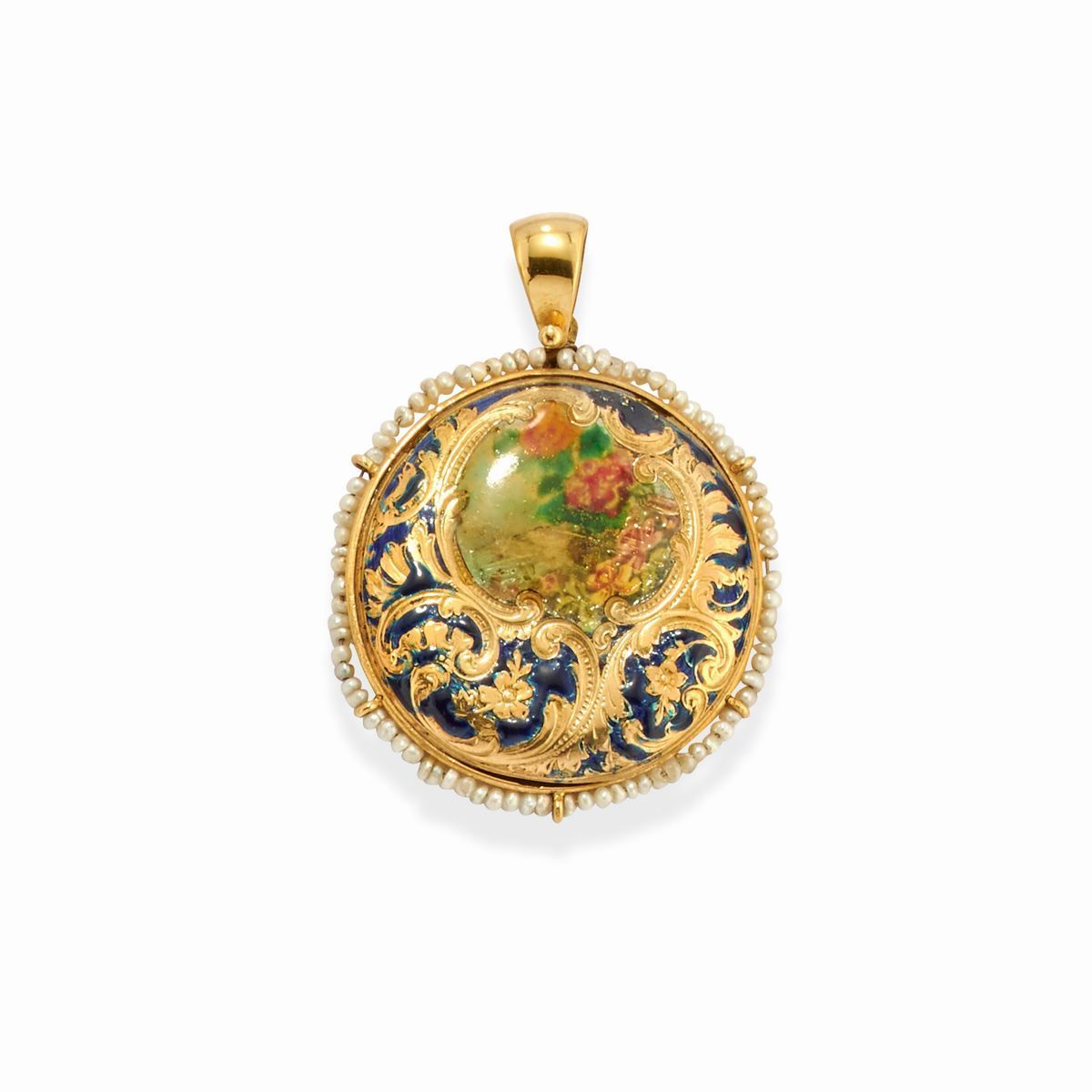 Due pendenti in oro giallo 18k con smalto policromo e pietre dure colorate