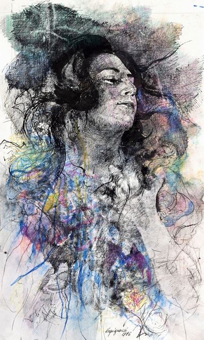 Volto di donna, tecnica mista su carta, 1986