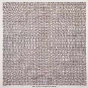 Black grid, yellow circles, red and blue arcs from opposite sides