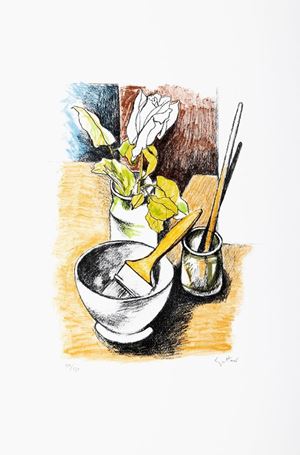 Still life with rose and brushes