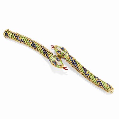 Bracciale serpente in oro bicolore 18k con decoro in smalto e diamanti