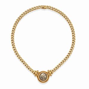 A 18k yellow gold, coin and ruby necklace, signed Bulgari