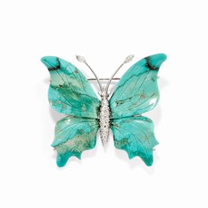 A 18k white gold, diamond and turquoise pendant brooch