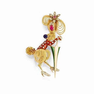 Spilla in smalto, oro bicolore 18k con decorazioni di rubini e diamanti