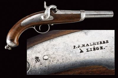 Pistola a luminello per ufficiali di cavalleria, Belgio, lunghezza 34,5 cm, metà XIX secolo