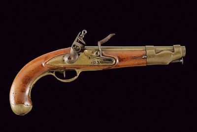 Pistola a pietra focaia da marina, Francia, lunghezza 38 cm