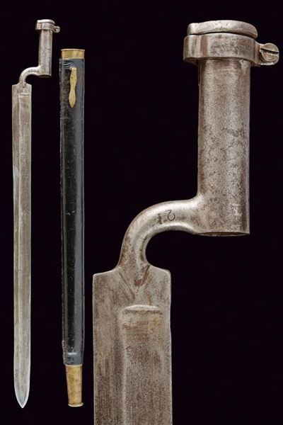 Baionetta a ghiera Mod. 1807, Austria, con fodero in legno rivestito di cuoio per fucile Jägerstu...