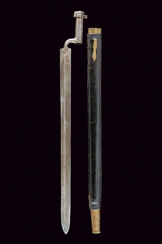Baionetta a ghiera Mod. 1807, Austria, con fodero in legno rivestito di cuoio per fucile Jägerstu...