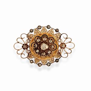 A 18k yellow gold, diamond and enamel brooch, defects