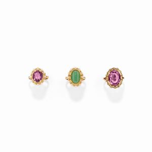 Three 18k yellow gold, color stone and micropearl rings