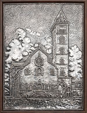 A silver high relief depicting the cathedral of Trani