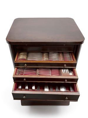 A silver cutlery service, Bologna circa 1940, with wooden furniture