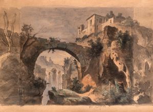 Veduta di borgo con sperone roccioso, cascata e ponte (Tivoli?)