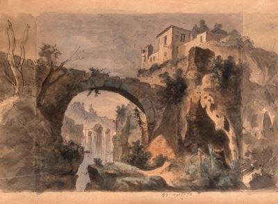 Veduta di Borgo con Sperone Roccioso, Cascata e Ponte (tivoli?)