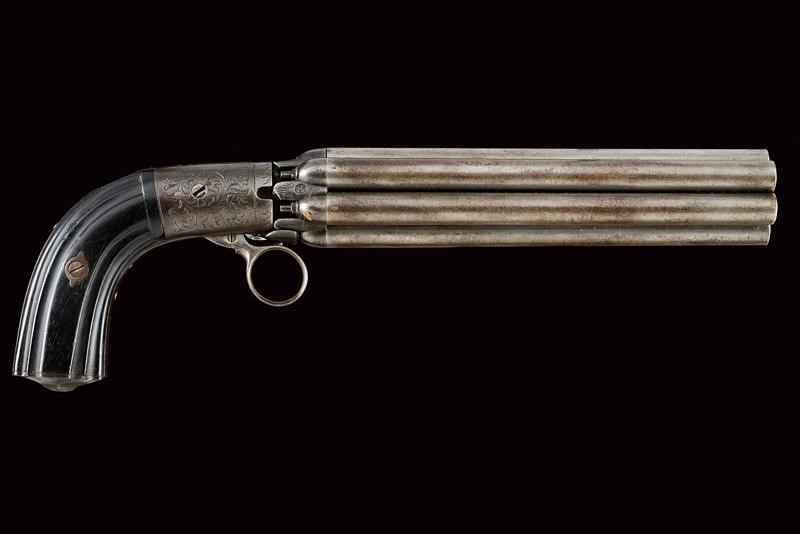 Raro Revolver Pepperbox a Luminello con Canne Lunghe di Mariette