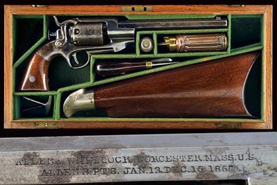 Raro e Interessante Allen & Wheelock Sidehammer Navy Revolver con Calcio Smontabile e Cassetta