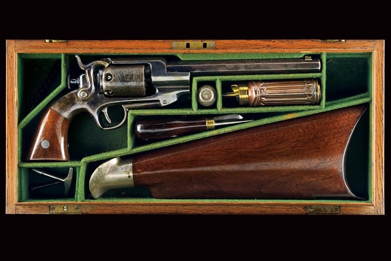 Raro e Interessante Allen & Wheelock Sidehammer Navy Revolver con Calcio Smontabile e Cassetta