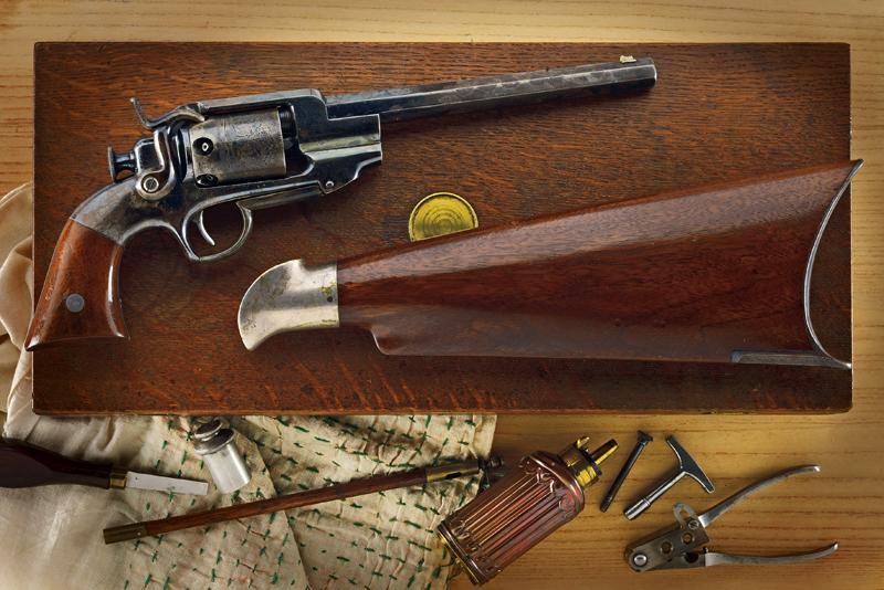 Raro e Interessante Allen & Wheelock Sidehammer Navy Revolver con Calcio Smontabile e Cassetta