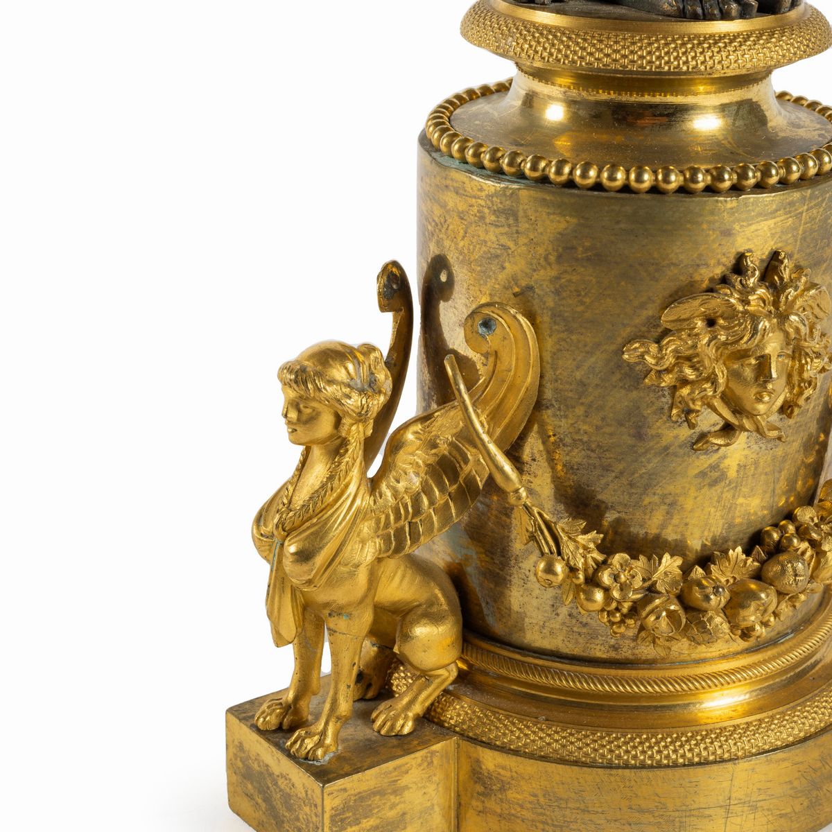 Coppia di Candelieri Impero a Due Braccia in Bronzo Dorato e a Patina Scura con Cariatidi, Franci...