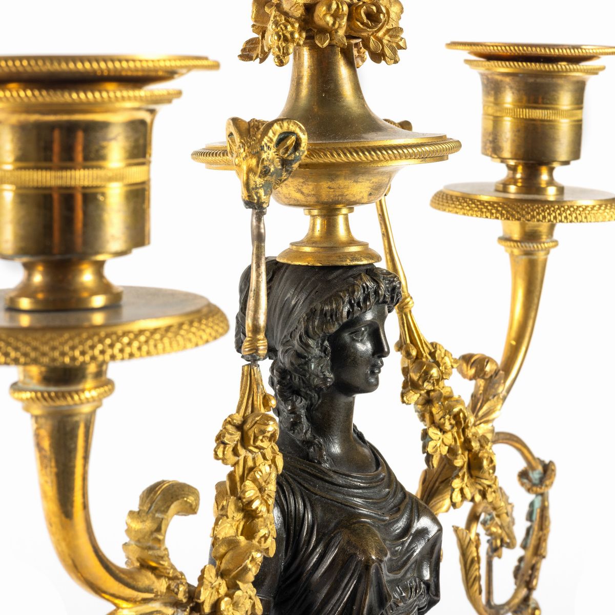Coppia di Candelieri Impero a Due Braccia in Bronzo Dorato e a Patina Scura con Cariatidi, Franci...