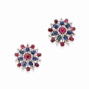 18k white gold, sapphire, ruby and diamond pendant and ring