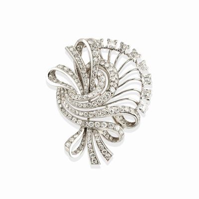 Spilla in oro bianco 18k con diamanti, circa 1950