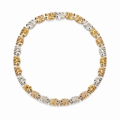 Collana con elefanti, diamanti e zaffiri, oro 18k